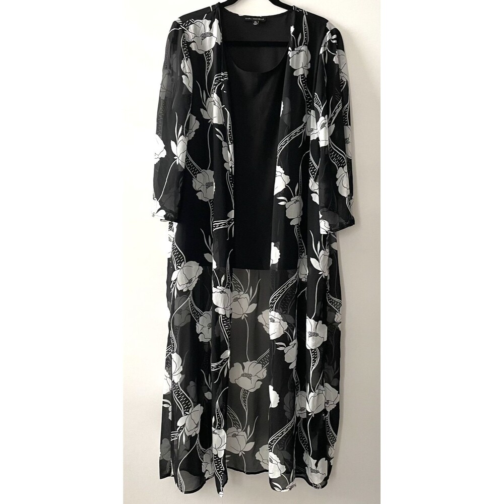 NWT Sara Michelle 2 Piece Floral Duster Jacket Black White Women's Size XL-(ep)